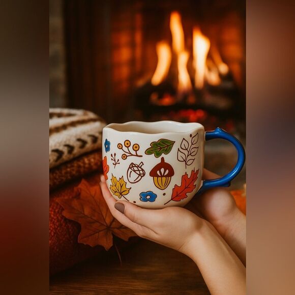 Other - Cozy Autumn Leaves & Acorn Mug – Hand-Painted Ceramic Cup with Blue Handle, 16oz